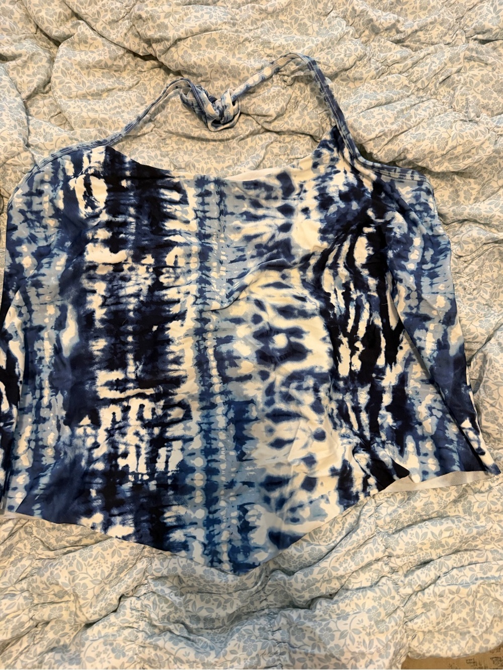 Time and Tru Blue and White Tie-Dye Halter Swim Top
